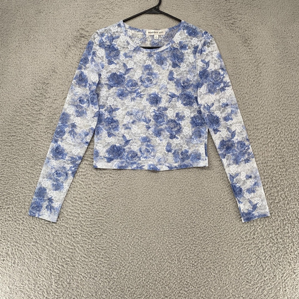 Madden Girl Fairy Top Juniors Size L Blue Floral Lace Sheer Long Sleeve Crop Top